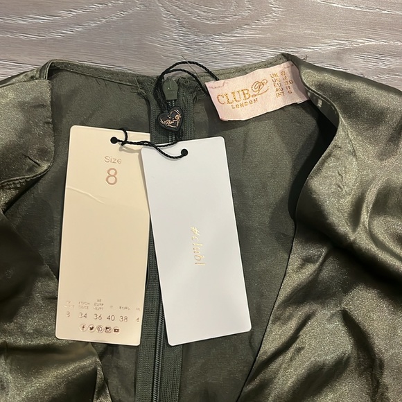 Club London Olive Green Satin Long Sleeve Mini Dress - Picture 6 of 7